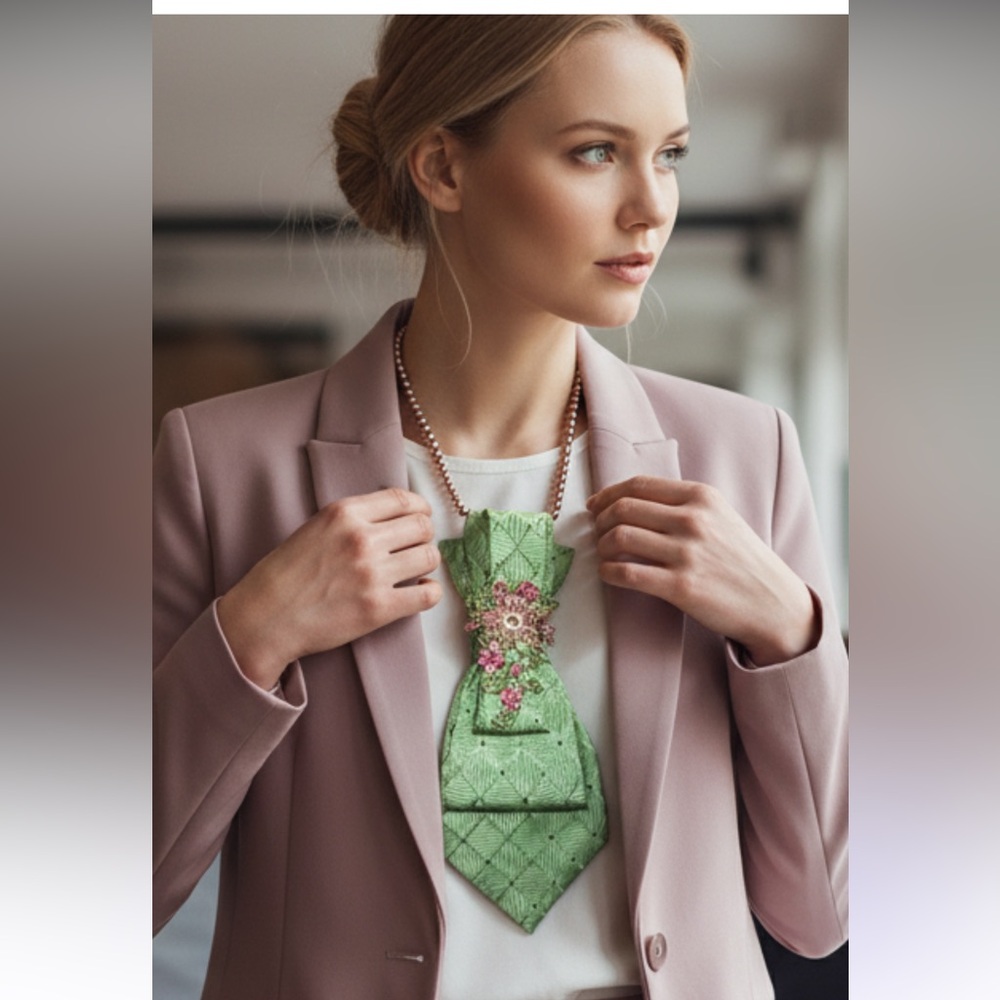 “Dainty Dapper”Green Patterned Tie Necklace with beautiful brooch